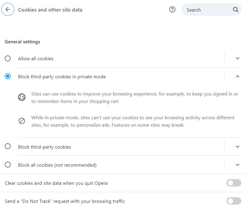 Privacy options in Opera